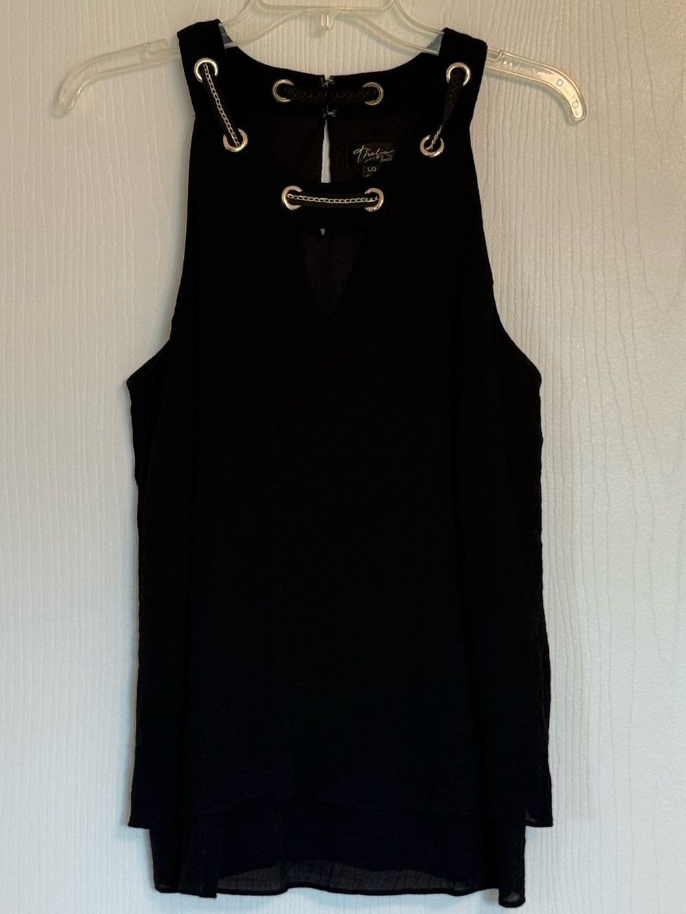 Thalia Sodi Black Sleeveless Tank with Gold Chain Eyelet Detail